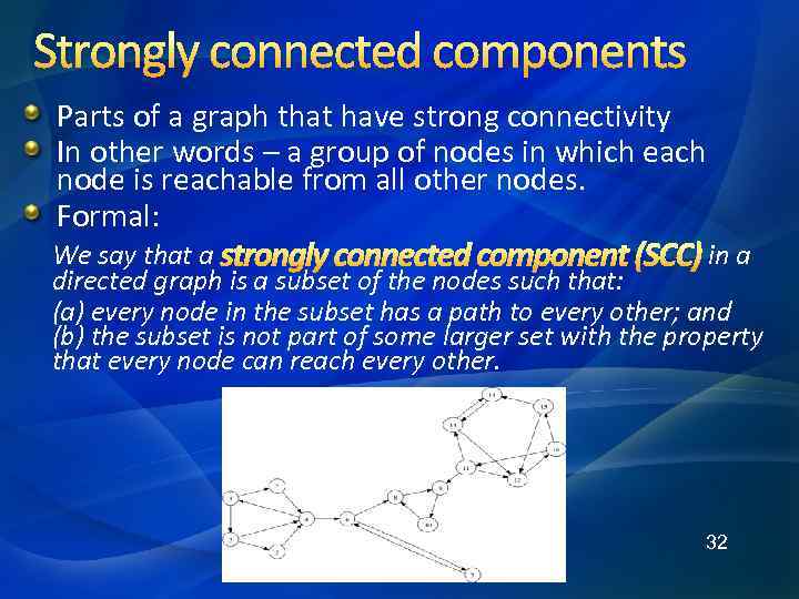 Strongly connected components Parts of a graph that have strong connectivity In other words