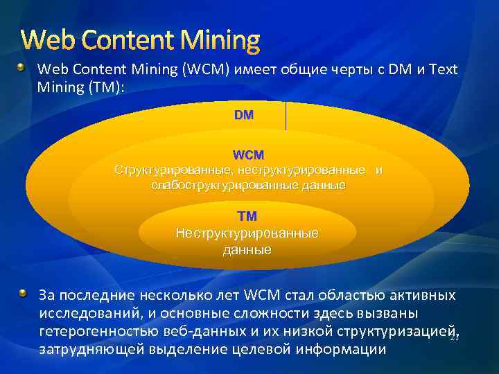 Web Content Mining (WCM) имеет общие черты с DM и Text Mining (TM): DM