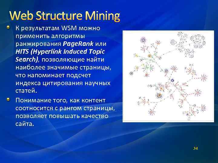 Web Structure Mining К результатам WSM можно применить алгоритмы ранжирования Page. Rank или HITS