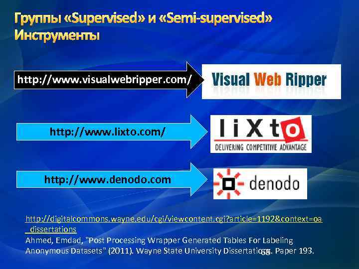 Группы «Supervised» и «Semi-supervised» Инструменты http: //www. visualwebripper. com/ http: //www. lixto. com/ http:
