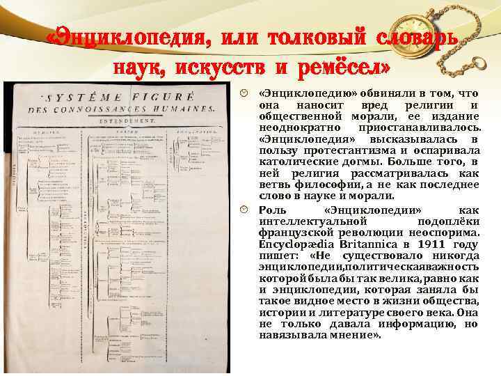  «Энциклопедия, или толковый словарь наук, искусств и ремёсел» «Энциклопедию» обвиняли в том, что