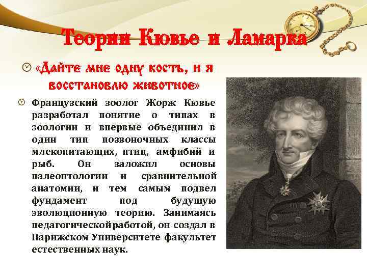 Теории Кювье и Ламарка «Дайте мне одну кость, и я восстановлю животное» Французский зоолог