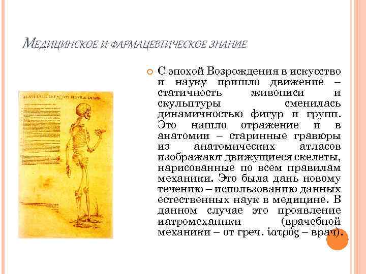 МЕДИЦИНСКОЕ И ФАРМАЦЕВТИЧЕСКОЕ ЗНАНИЕ С эпохой Возрождения в искусство и науку пришло движение –