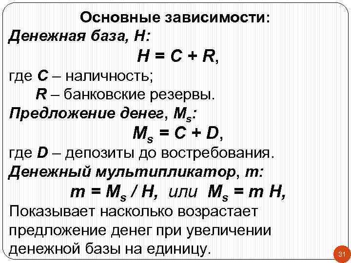 Основные зависимости: Денежная база, H: Н = C + R, где C – наличность;