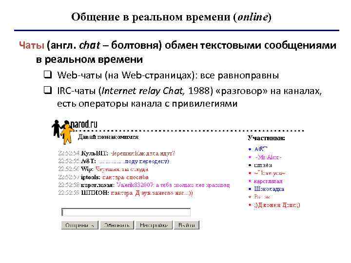 Общение в реальном времени (online) Чаты (англ. chat – болтовня) обмен текстовыми сообщениями в