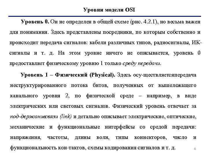 Уровни модели OSI Уровень 0. Он не определен в общей схеме (риc. 4. 2.