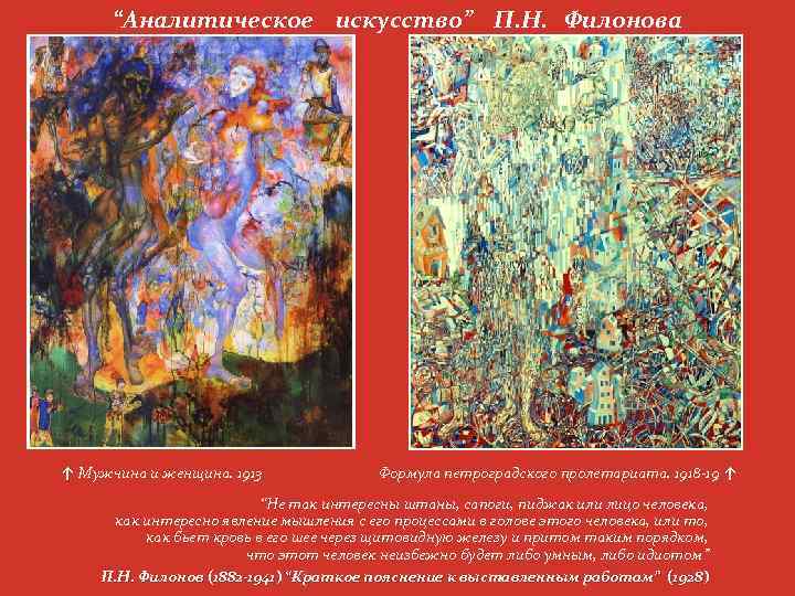 “Аналитическое искусство” П. Н. Филонова ↑ Мужчина и женщина. 1913 Формула петроградского пролетариата. 1918