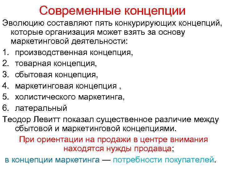 Современные концепции Эволюцию составляют пять конкурирующих концепций, которые организация может взять за основу маркетинговой
