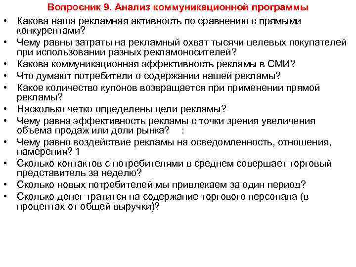  • • • Вопросник 9. Анализ коммуникационной программы Какова наша рекламная активность по