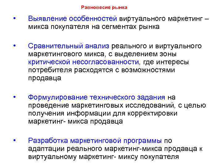 Равновесие рынка • Выявление особенностей виртуального маркетинг – микса покупателя на сегментах рынка •