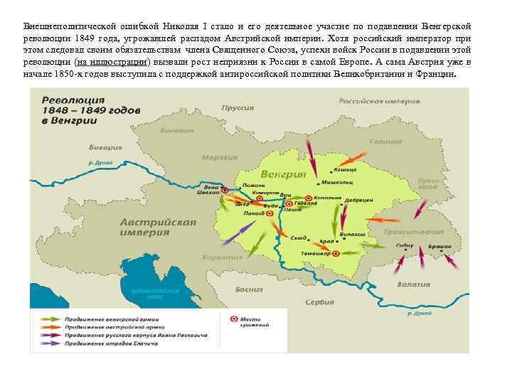Внешнеполитической ошибкой Николая I стало и его деятельное участие по подавлении Венгерской революции 1849