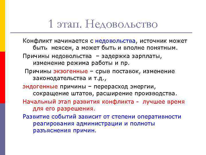 1 этап. Недовольство Конфликт начинается с недовольства, источник может быть неясен, а может быть