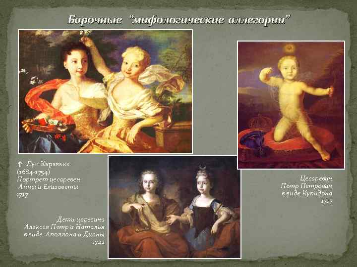 Барочные “мифологические аллегории” ↑ Луи Каравакк (1684 -1754) Портрет цесаревен Анны и Елизаветы 1717