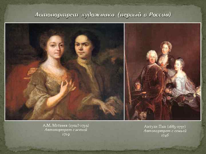 Автопортрет художника (первый в России) А. М. Матвеев (1702? -1739) Автопортрет с женой 1729