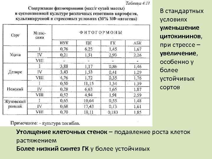 В стандартных условиях уменьшение цитокининов, при стрессе – увеличение, особенно у более устойчивых сортов