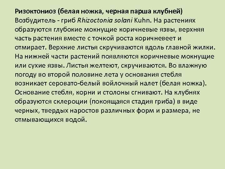 Ризоктониоз (белая ножка, черная парша клубней) Возбудитель гриб Rhizoctonia solani Kuhn. На растениях образуются