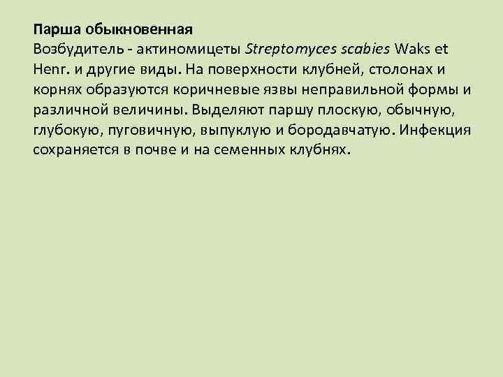 Парша обыкновенная Возбудитель актиномицеты Streptomyces scabies Waks et Henr. и другие виды. На поверхности