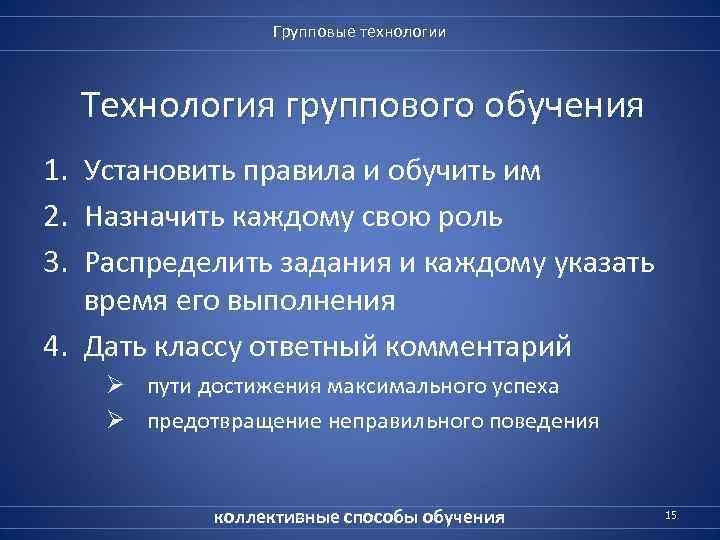 Групповые технологии Технология группового обучения 1. Установить правила и обучить им 2. Назначить каждому