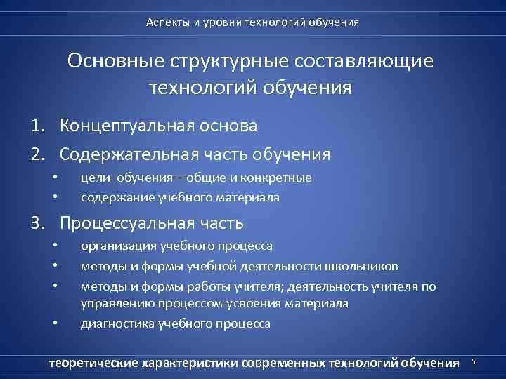 Аспекты и уровни технологий обучения Основные структурные составляющие технологий обучения 1. Концептуальная основа 2.