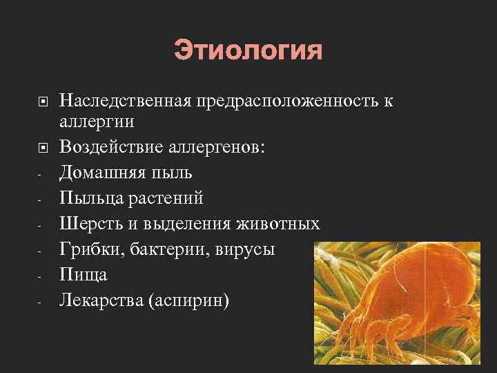 Этиология - Наследственная предрасположенность к аллергии Воздействие аллергенов: Домашняя пыль Пыльца растений Шерсть и