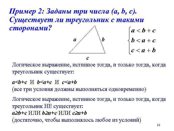 Пример 2: Заданы три числа (a, b, c). Существует ли треугольник с такими сторонами?