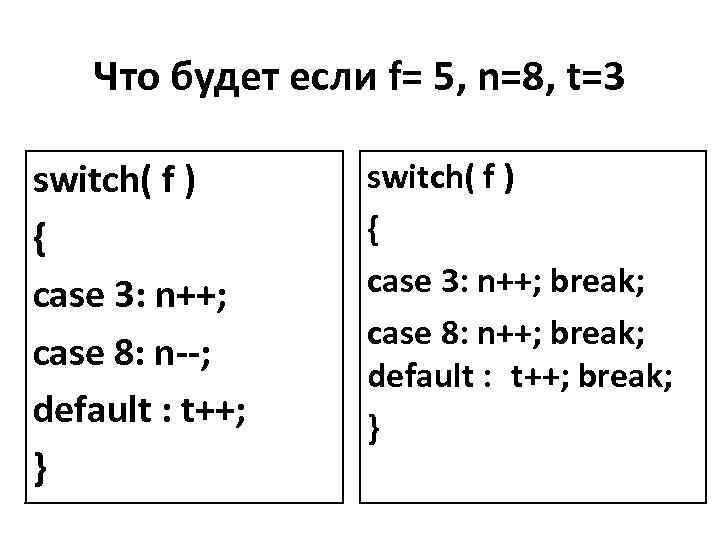 Что будет если f= 5, n=8, t=3 switch( f ) { case 3: n++;