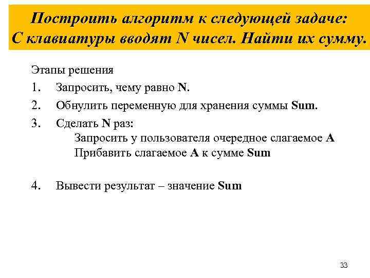 Построить алгоритм к следующей задаче: С клавиатуры вводят N чисел. Найти их сумму. Этапы