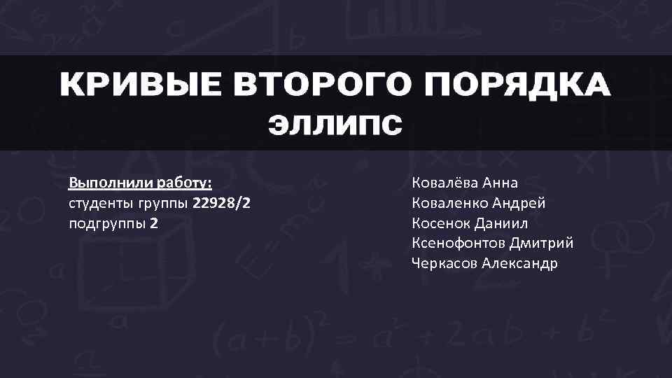 Выполнили работу: студенты группы 22928/2 подгруппы 2 Ковалёва Анна Коваленко Андрей Косенок Даниил Ксенофонтов