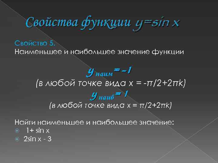 Свойства функции y=sin x Свойство 5. Наименьшее и наибольшее значение функции y наим= -1
