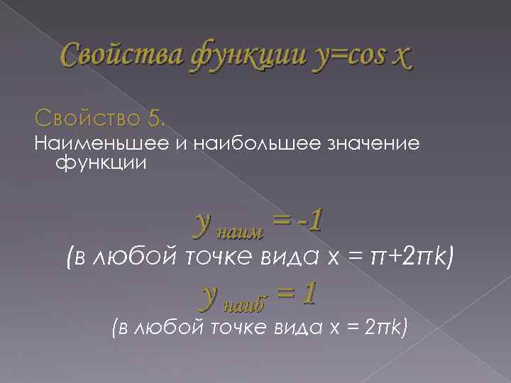 Свойства функции y=cos x Свойство 5. Наименьшее и наибольшее значение функции y наим =