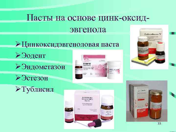 Пасты на основе цинк-оксидэвгенола Ø Цинкоксидэвгеноловая паста Ø Эодент Ø Эндометазон Ø Эстезон Ø