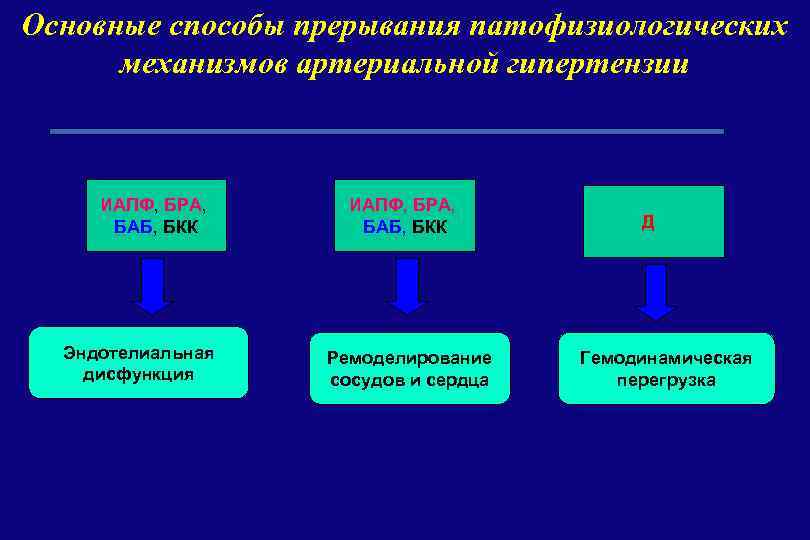 Основные способы прерывания патофизиологических механизмов артериальной гипертензии ИАПФ, БРА, БАБ, БКК Эндотелиальная дисфункция ИАПФ,
