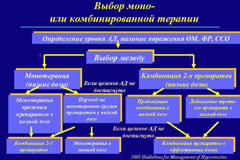 Выбор моноили комбинированной терапии Определение уровня АД, наличие поражения ОМ, ФР, ССО Выбор между