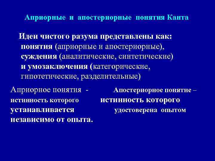 Априорные и апостериорные понятия Канта Идеи чистого разума представлены как: понятия (априорные и апостериорные),