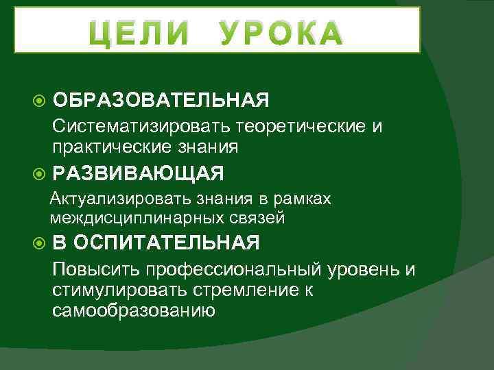 ЦЕЛИ УРОКА ОБРАЗОВАТЕЛЬНАЯ Систематизировать теоретические и практические знания РАЗВИВАЮЩАЯ Актуализировать знания в рамках междисциплинарных