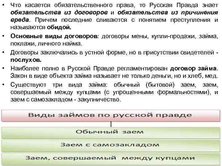  • Что касается обязательственного права, то Русская Правда знает обязательства из договоров и