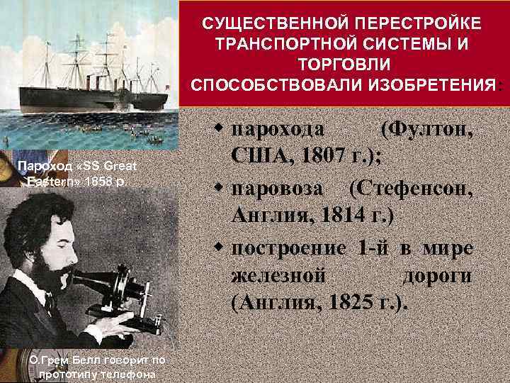 СУЩЕСТВЕННОЙ ПЕРЕСТРОЙКЕ ТРАНСПОРТНОЙ СИСТЕМЫ И ТОРГОВЛИ СПОСОБСТВОВАЛИ ИЗОБРЕТЕНИЯ: Пароход «SS Great Eastern» 1858 р.