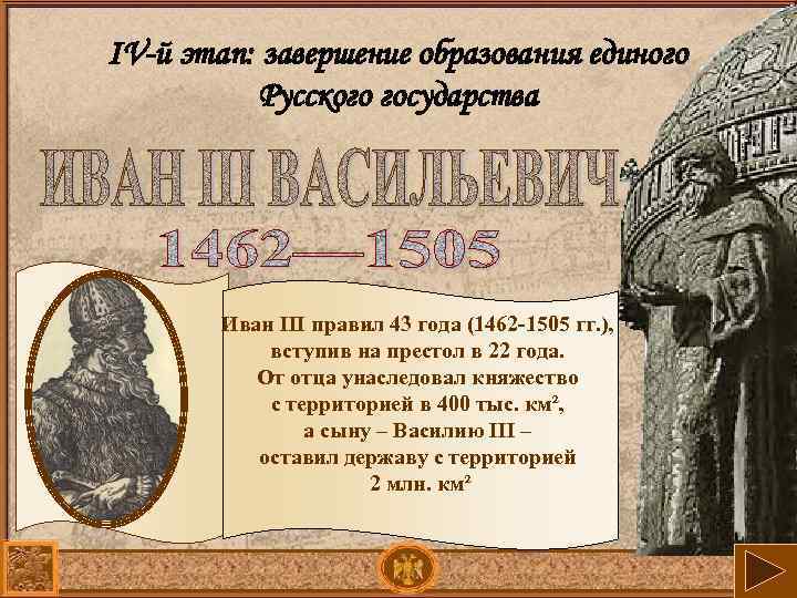 ІV-й этап: завершение образования единого Русского государства Иван ІІІ правил 43 года (1462 -1505