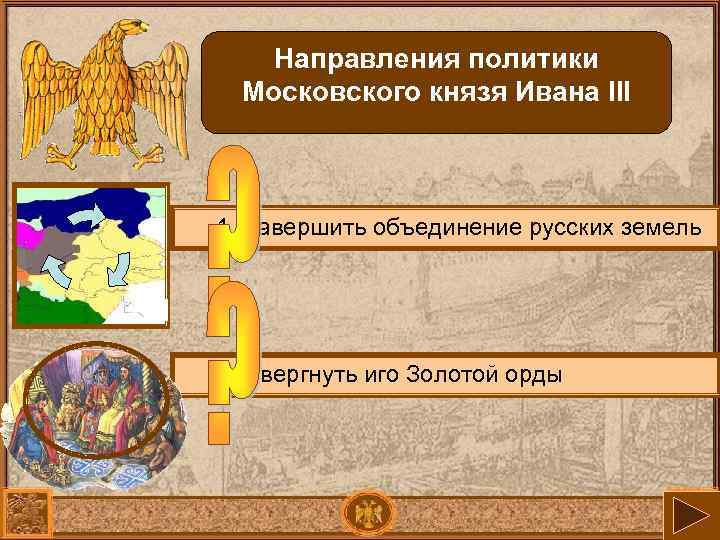 Направления политики Московского князя Ивана III 1. Завершить объединение русских земель 2. Свергнуть иго