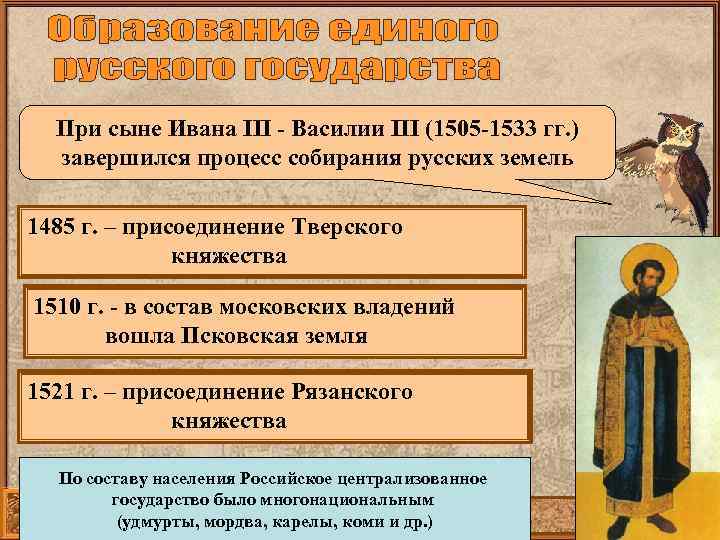 При сыне Ивана III - Василии III (1505 -1533 гг. ) завершился процесс собирания