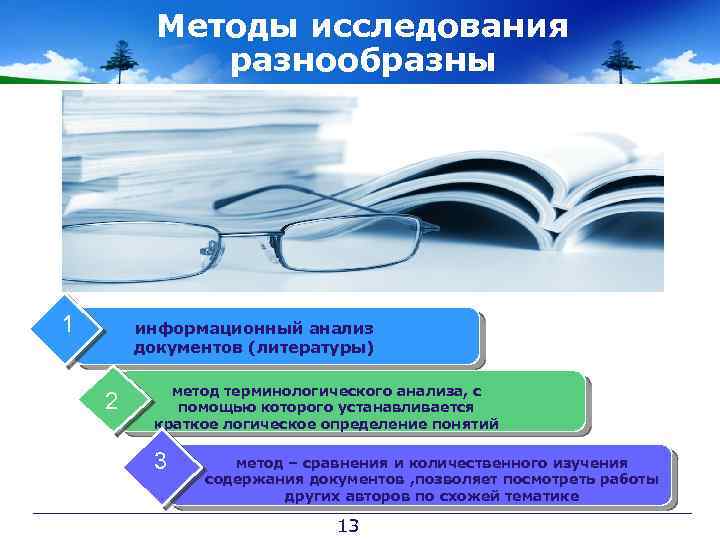 Методы исследования разнообразны 1 информационный анализ документов (литературы) 2 метод терминологического анализа, с помощью