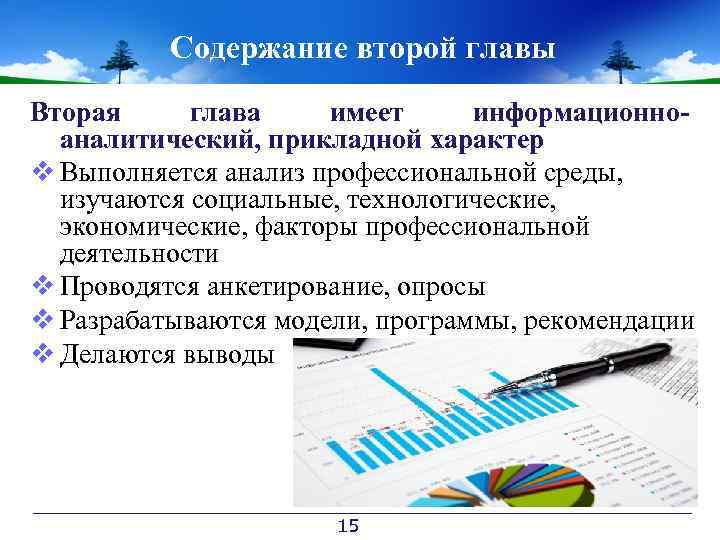 Содержание второй главы Вторая глава имеет информационноаналитический, прикладной характер v Выполняется анализ профессиональной среды,
