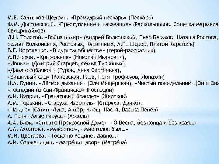 М. Е. Салтыков-Щедрин. «Премудрый пескарь» (Пескарь) Ф. М. Достоевский. «Преступление и наказание» (Раскольников, Сонечка