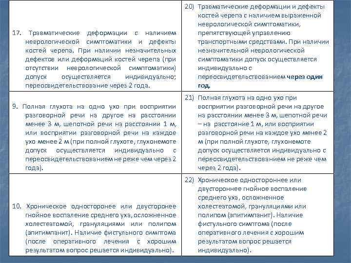 17. Травматические деформации с наличием неврологической симптоматики и дефекты костей черепа. При наличии незначительных