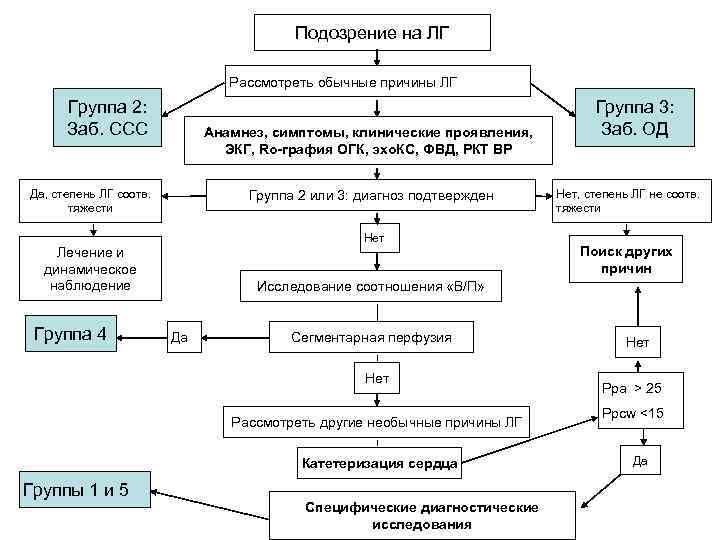 Подозрение на ЛГ Рассмотреть обычные причины ЛГ Группа 2: Заб. ССС Анамнез, симптомы, клинические