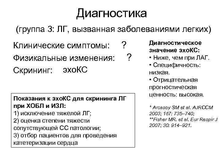 Диагностика (группа 3: ЛГ, вызванная заболеваниями легких) Клинические симптомы: ? Физикальные изменения: ? Скрининг: