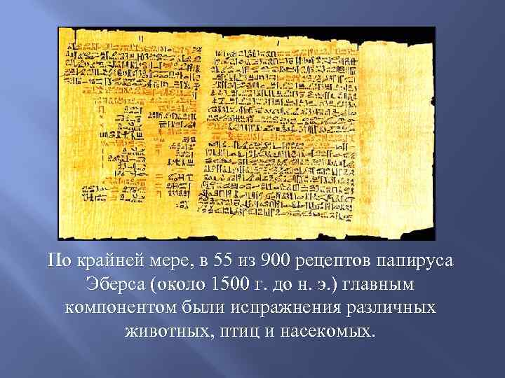 По крайней мере, в 55 из 900 рецептов папируса Эберса (около 1500 г. до