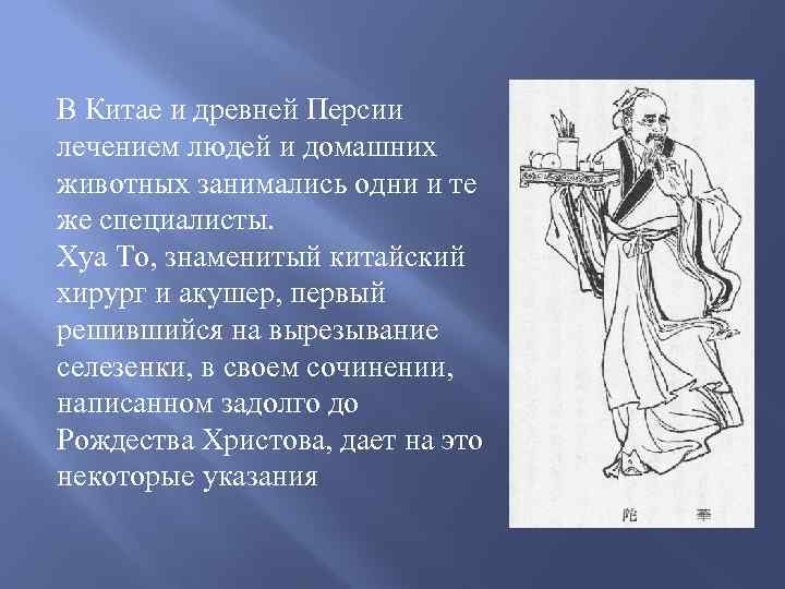 В Китае и древней Персии лечением людей и домашних животных занимались одни и те