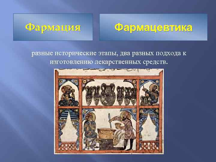 Фармация Фармацевтика разные исторические этапы, два разных подхода к изготовлению лекарственных средств. 