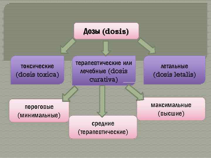 Дозы (dosis) токсические (dosis toxica) терапевтические или лечебные (dosis curativa) летальные (dosis letalis) максимальные